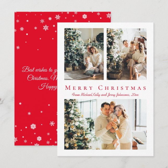 merry christmas red script  photos collage holiday card (Front/Back)