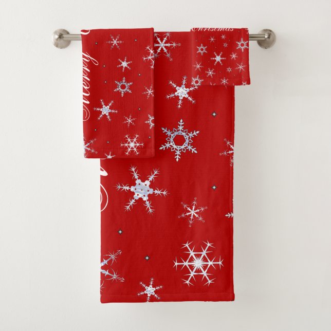 Merry Christmas Red Snowflakes Bath Towel Set (Insitu)