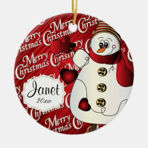Merry Christmas Red Snowman Ceramic Ornament