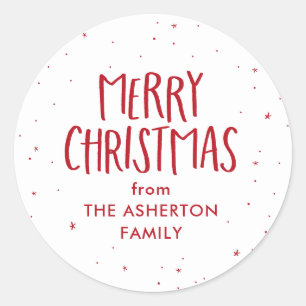 Merry Christmas red stars dots personalized Classic Round Sticker
