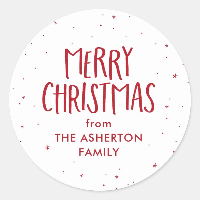Merry Christmas red stars dots personalized Classic Round Sticker (Front)
