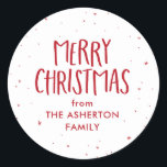 Merry Christmas red stars dots personalized Classic Round Sticker<br><div class="desc">Merry Christmas! This red and white holiday gift sticker is a fun and festive touch to all your Christmas presents. Featuring hand-drawn stars and dots along with a "Merry Christmas, " this simple gift tag design also has room for custom text. Find matching gift wrap as well as holiday photo...</div>