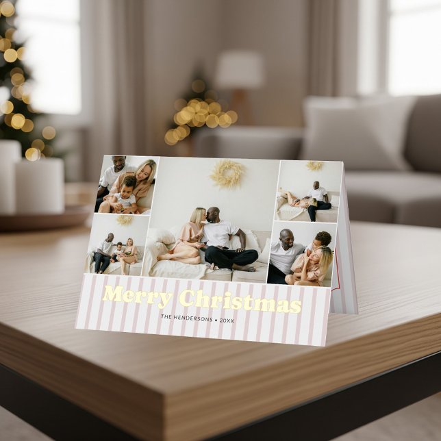 Merry Christmas Red Striped 10 Photo Foil Holiday Card (Creator Uploaded)
