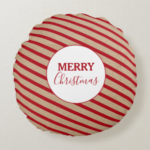 Merry Christmas Red Stripes Kraft Rustic Round Pillow