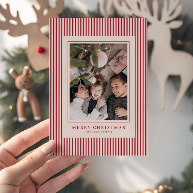 Merry Christmas Red Stripes Photo Personalized Holiday Card (Creator Uploaded)