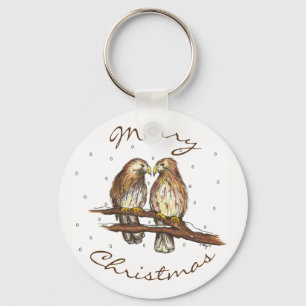 Merry Christmas Red Tailed Hawk Love Bird Snow Keychain