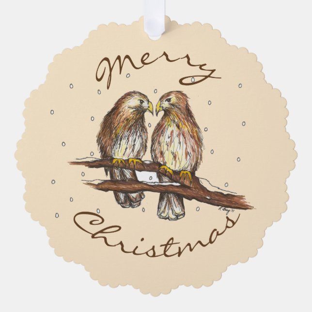 Merry Christmas Red Tailed Hawk Love Bird Snow Ornament Card (Front)