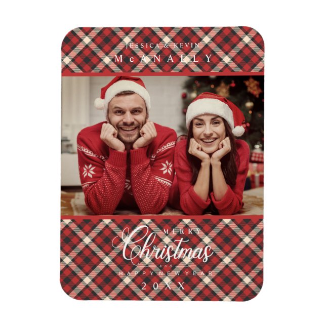 Merry Christmas Red Tartan Plaid Photo Family Magnet (Vertical)