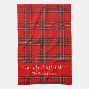 Merry Christmas red tartan plaid script name Kitchen Towel