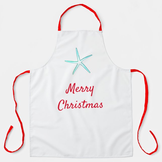 Merry Christmas Red Teal Blue Starfish Gift 2021 Apron (Front)