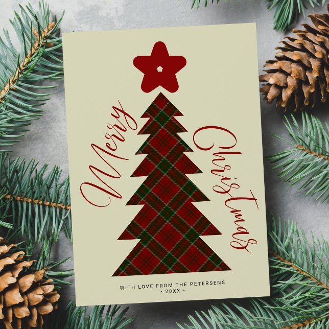 Merry Christmas red tree plaid tartan non-photo Holiday Card (Creator Uploaded)