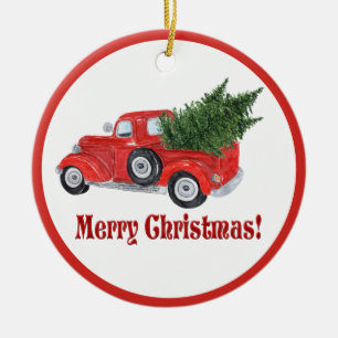 Merry Christmas Red Truck and Tree  Ornament