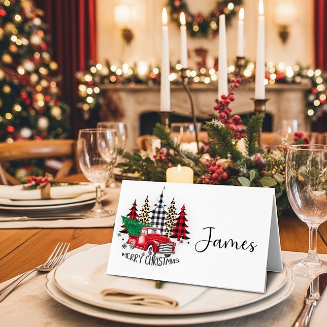 Merry Christmas red truck and trees Place Card (Creator Uploaded)