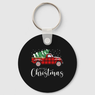 Merry Christmas Red Truck Buffalo Plaid Xmas Retro Keychain