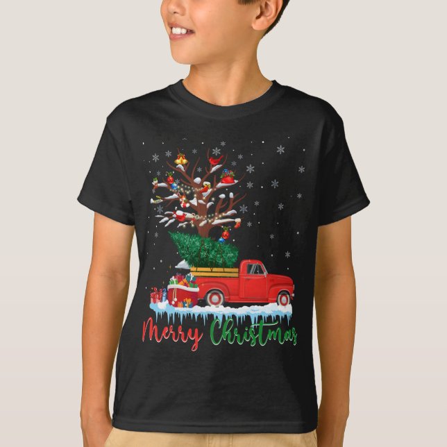 Merry Christmas Red Truck Christmas Tree Lights Sn T-Shirt (Front)