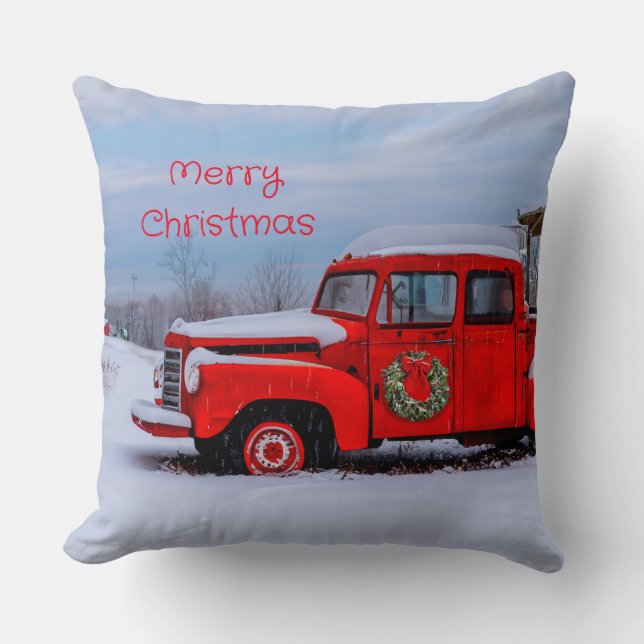 Merry Christmas Red Truck Country Festive  Throw Pillow (Front)