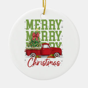 Merry Christmas Red Truck Family Matching Pajama M Ceramic Ornament