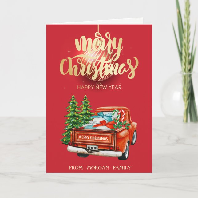 Merry Christmas,Red Truck Pine Tree Christmas Holiday Card (Front)