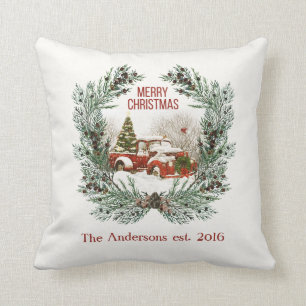 Merry Christmas Red Truck Spruce Wreath Customized Throw Pillow