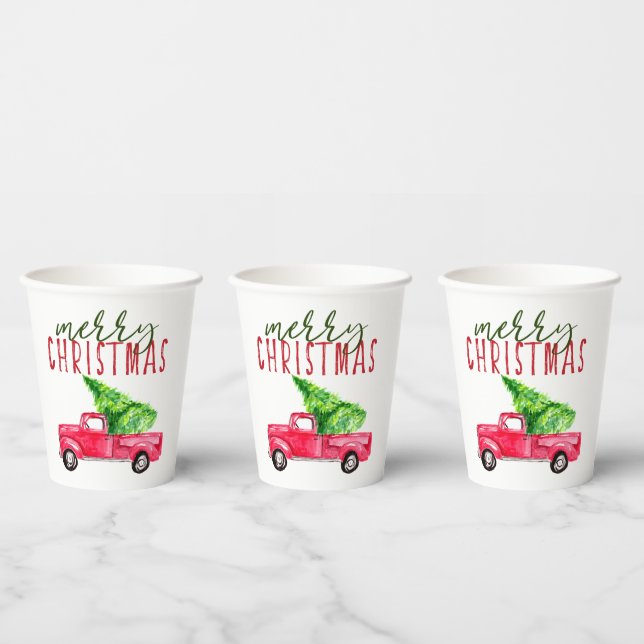 Merry Christmas Red Truck Typography Tree Festive Paper Cups (Multi)
