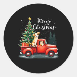 Merry Christmas Red Truck With Dog & Cat Xmas Classic Round Sticker