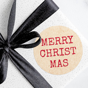 Merry Christmas red typewriter style Kraft look Classic Round Sticker
