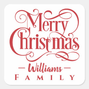 Merry Christmas Red Typography Family Name Holiday Square Sticker