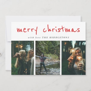 Merry Christmas Red Typography Three Photo Holiday Card