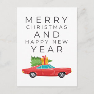 MERRY CHRISTMAS Red Vintage Car Postcard