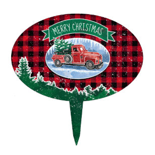Merry Christmas Red Vintage Truck Buffalo Plaid Cake Pick