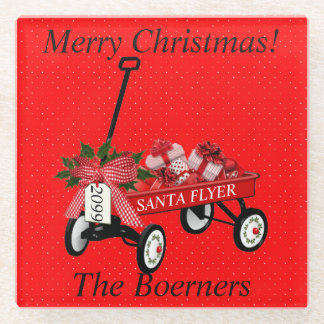 Merry Christmas Red Wagon With Gifts Glass Coaster