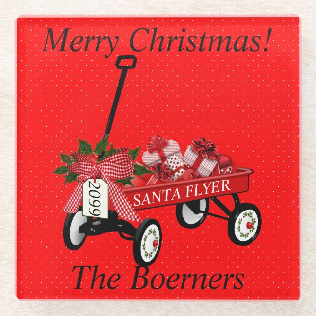 Merry Christmas Red Wagon With Gifts Glass Coaster (Front)