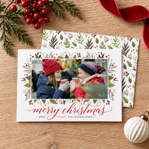 Merry Christmas Red Watercolor Greenery Photo Holiday Card