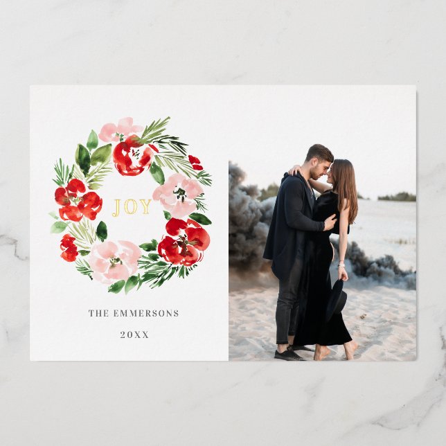 Merry Christmas red watercolor rose wreath Foil Holiday Card (Front)