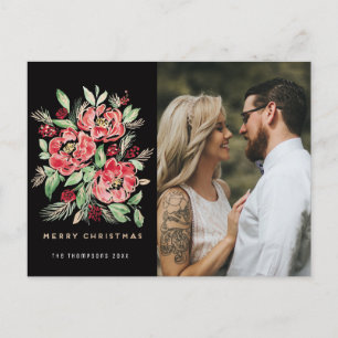 Merry Christmas red watercolor roses photo Holiday Postcard