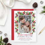 Merry Christmas Red Wedding Save the Date Photo Holiday Card<br><div class="desc">Merry Christmas! This elegant and modern dual purpose holiday greeting card and wedding save the date announcement features a beautiful red and green watercolor greenery design with holly leaves and berries that frames your favorite 3 x 4" portrait photo. Personalize with an engagement picture of the Future Mr and Mrs...</div>