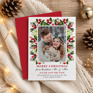 Merry Christmas Red Wedding Save the Date Photo Holiday Card