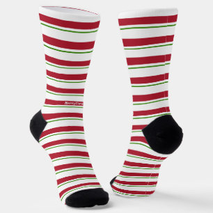 Merry Christmas Red White and Green Striped Socks