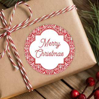Merry Christmas Red & White Art Nouveau Classic Round Sticker