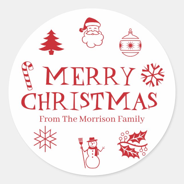Merry Christmas red white custom name cute favour Classic Round Sticker (Front)