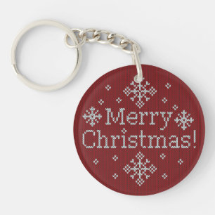 Merry Christmas Red & White Faux Knit Keychain