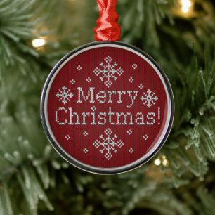 Merry Christmas Red & White Faux Knit Metal Ornament