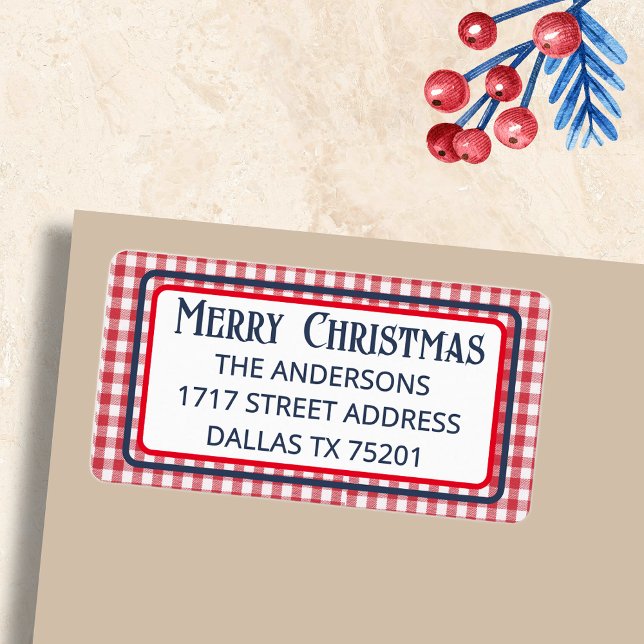 Merry Christmas Red & White Gingham Check Return Label (Creator Uploaded)