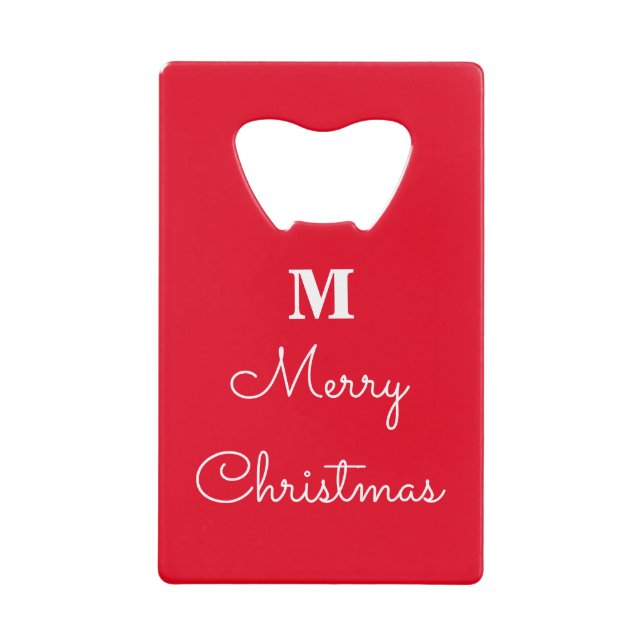 Merry Christmas Red White Monograms Gift Favour Credit Card Bottle Opener (Front)