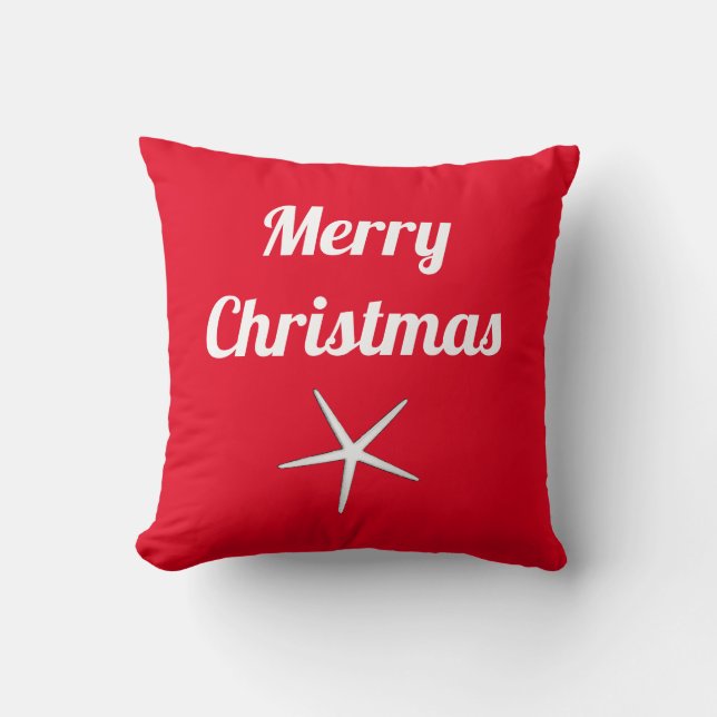 Merry Christmas Red White Nautical Starfish Gift Throw Pillow (Front)