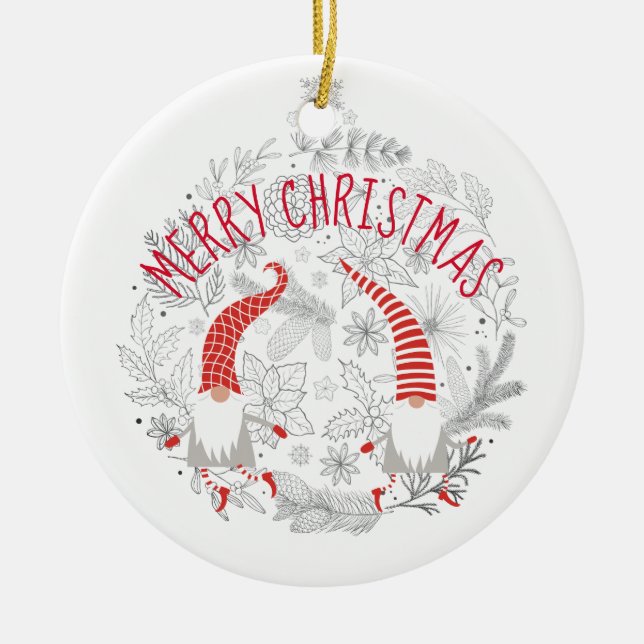 Merry Christmas Red White Personalized Gnomes Ceramic Ornament (Front)