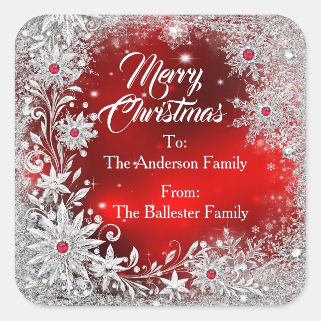 Merry Christmas Red White snowflakes red gems  Square Sticker (Front)