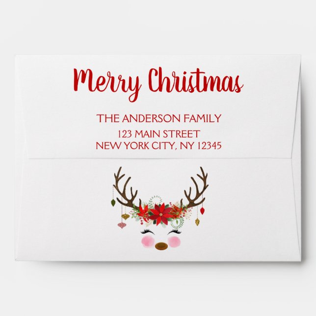 Merry Christmas Red White Stripe Reindeer Custom Envelope (Back (Top Flap))