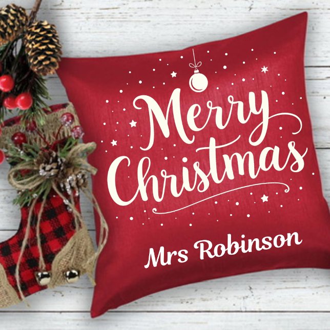 Merry Christmas Red White Trendy Custom Name Throw Pillow (Creator Uploaded)