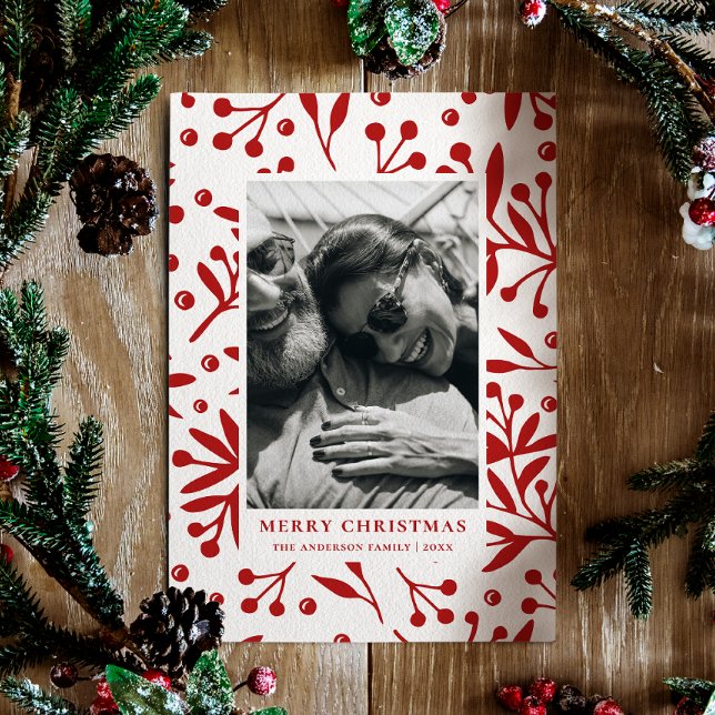 Merry Christmas. Red winter floral botanical photo Holiday Card (Creator Uploaded)